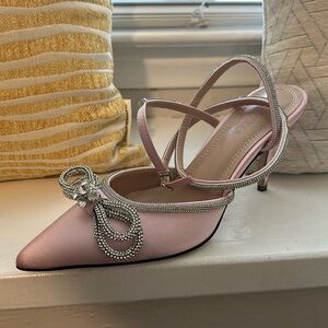 Pointed Toe Crystal Bows Satin Ankle Straps Buckle Stiletto Pumps EU 39